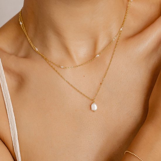 Hey Happiness Perle Brillance – Set de Chaînes Femme avec Perles d'Eau Douce – Argent 925 Plaqué Or 18K – 41+5 cm