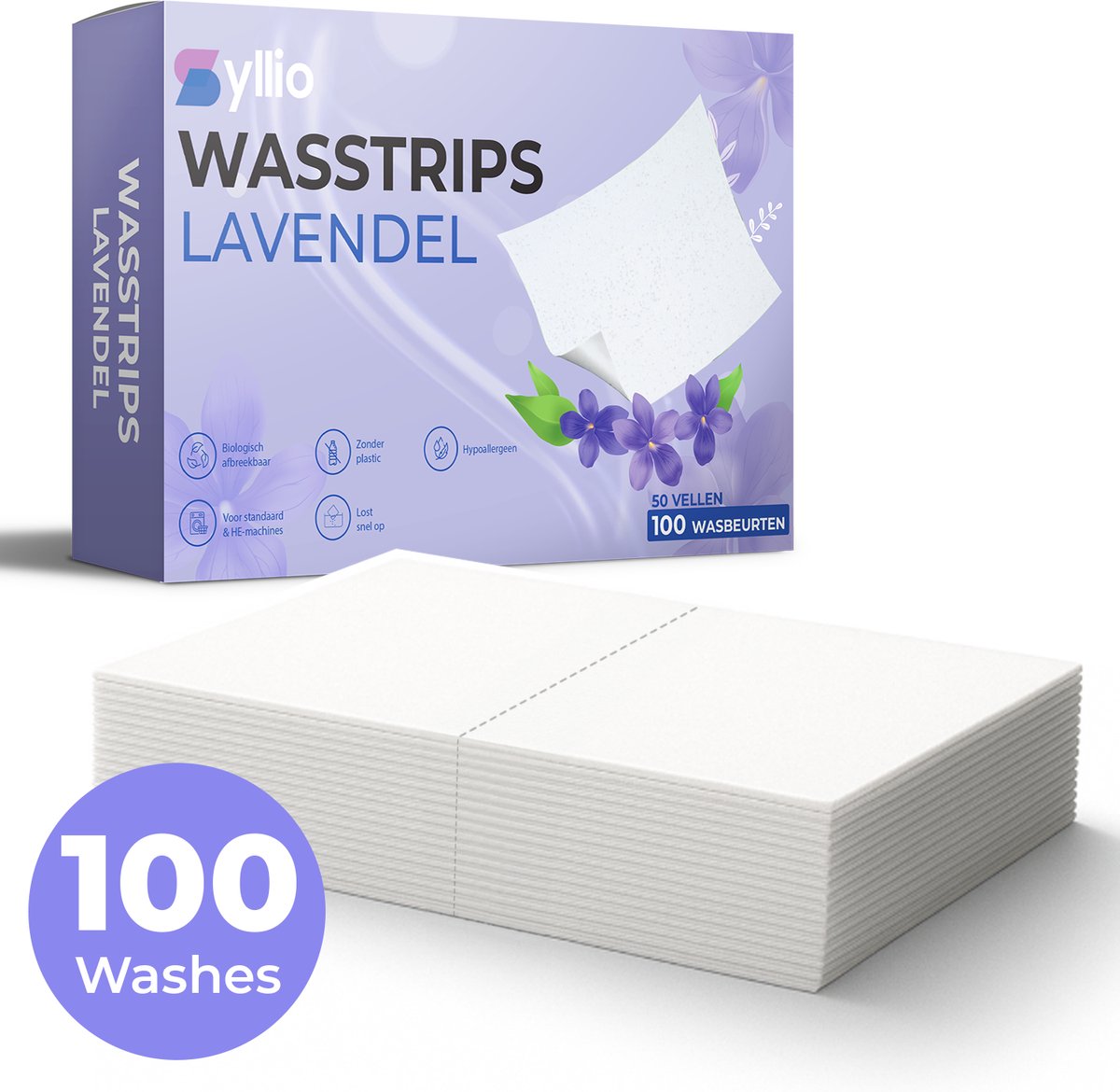 Syllio Wasstrips - 100 Wasbeurten - Lavendel Wasstrips - Wasmiddeldoekjes - Wasdoekjes - Laundry Strips