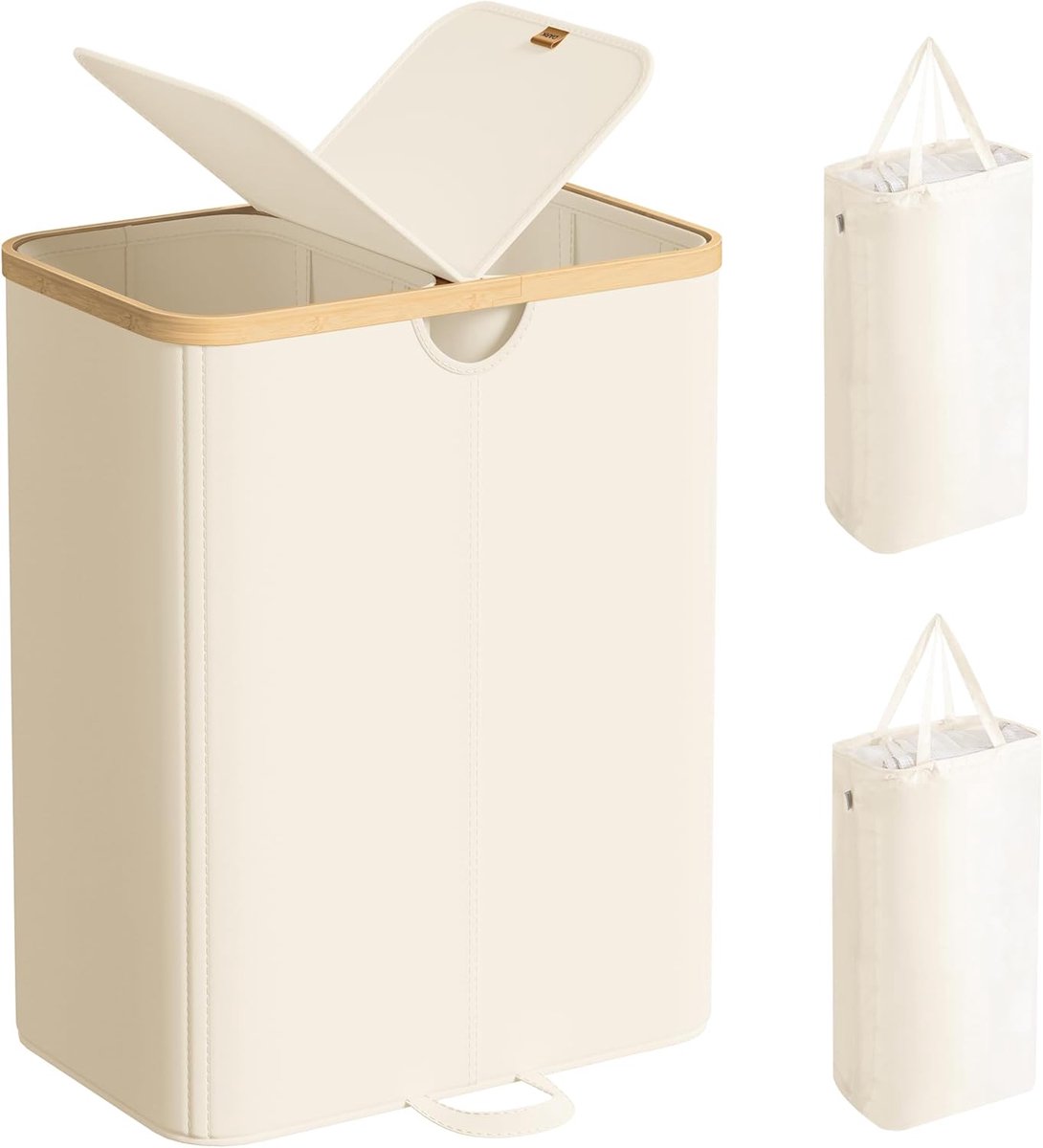 SONGMICS Wasmand met 2 compartimenten, 150 liter, vuile wassorteermachine met deksel, afneembare zakken, voor wasruimte, slaapkamer, woonkamer, crèmewit en natuurlijk beige LCB523W01