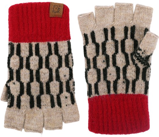 Vingerloze handschoenen met rood gebreid manchet, beige met zwart geometrisch patroon.