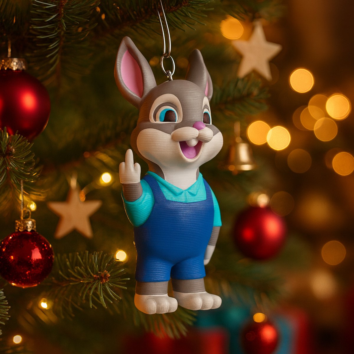 AnimalsAttitude – Kleine Konijn Kersthanger met Middelvinger – 3D-geprint PLA Beeldje – Humoristische Kerst Decoratie