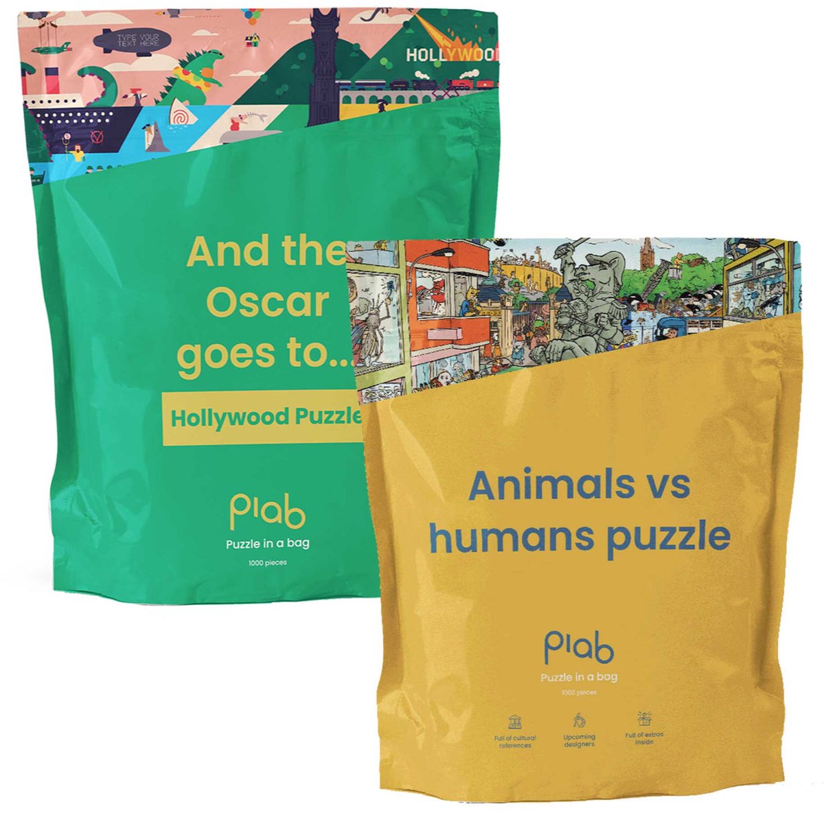 Puzzle in a Bag - Bundel - Hollywood puzzel - Animals vs Humans puzzel - 2 x 1000 Stukjes