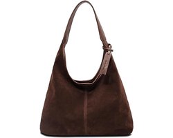 Grote schoudertas voor dames - hobotas van zacht suède en corduroy - met open binnenzak en ritsvak - bruin (37x25x11 cm)