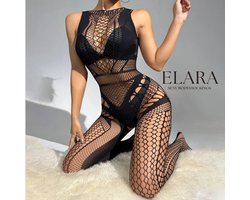 Elara - Mariellea - Bodystocking Erotische Lingerie met Open Kruis - Catsuit - S t/m XL - Sexy Dames Lingerie - Zwart