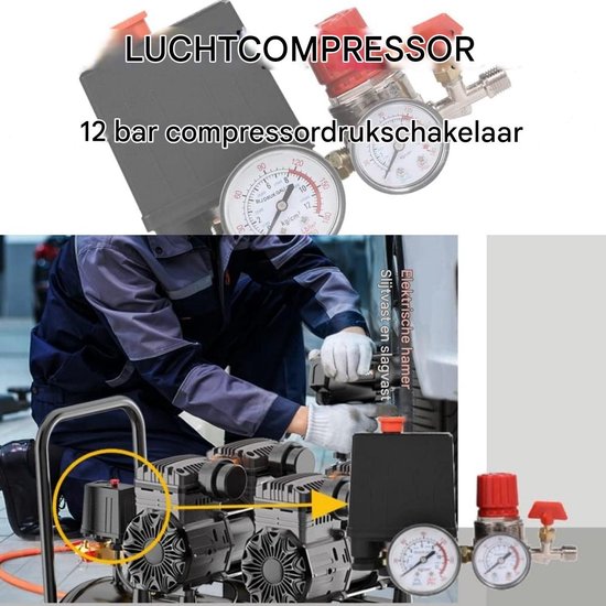 Luchtcompressor met 12 bar drukschakelaar, gemonteerd door monteur.