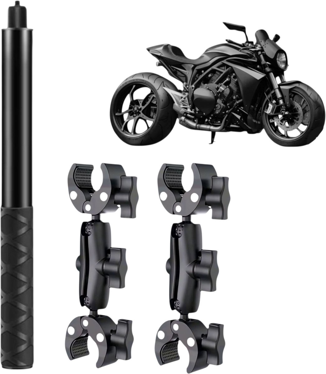 Motorcycle Mount Voor Insta360 - Motor bundle 4 Insta360 - Dubbele klem -Selfie Stick 1.5m- Upgrade Versie Motorfiets Mount - Motorcycle - Motor Insta360 One X4 - Insta360 x4 X3 X2 X R GO Ace GO3 GO - Onzichtbare Selfie Stick 1.5 meter -Motor Mount