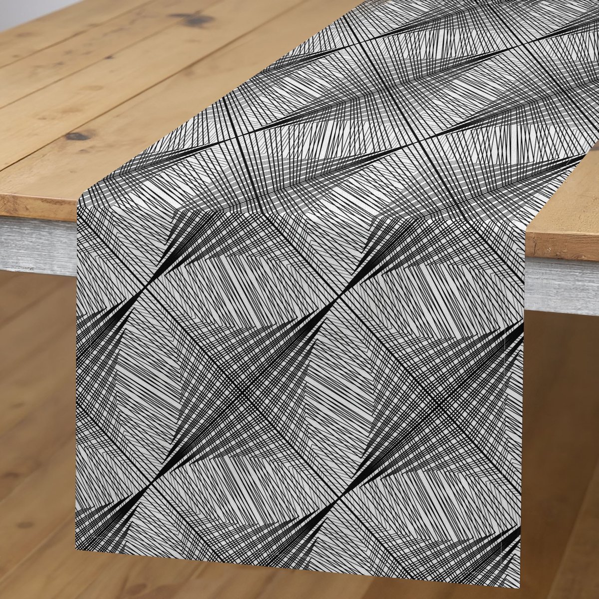 Abakuhaus abstracte tafelloper – diagonale strepen – 40x300 cm – antraciet/lichtgrijs