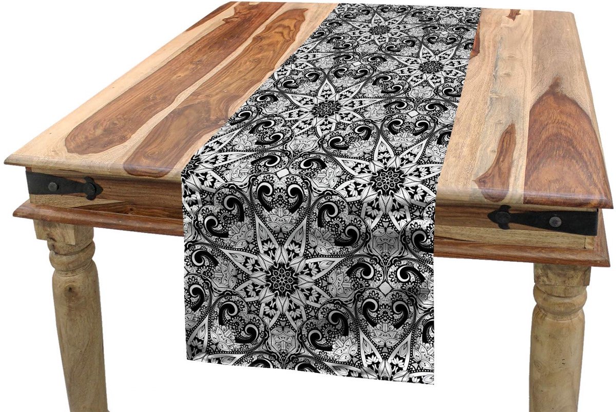 ABAKUHAUS Mandala Tafelloper – Ethnisch patroon – 40x300 cm, zwart-wit