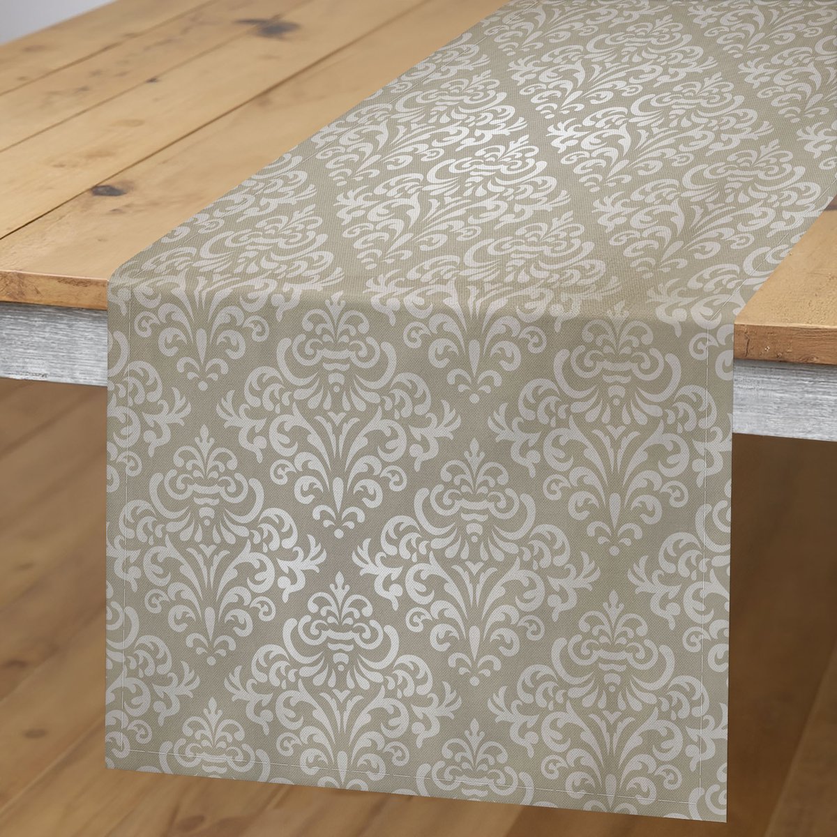 ABAKUHAUS Barokke tafelloper – damastmotief, 40 × 225 cm, eierschaaltoon