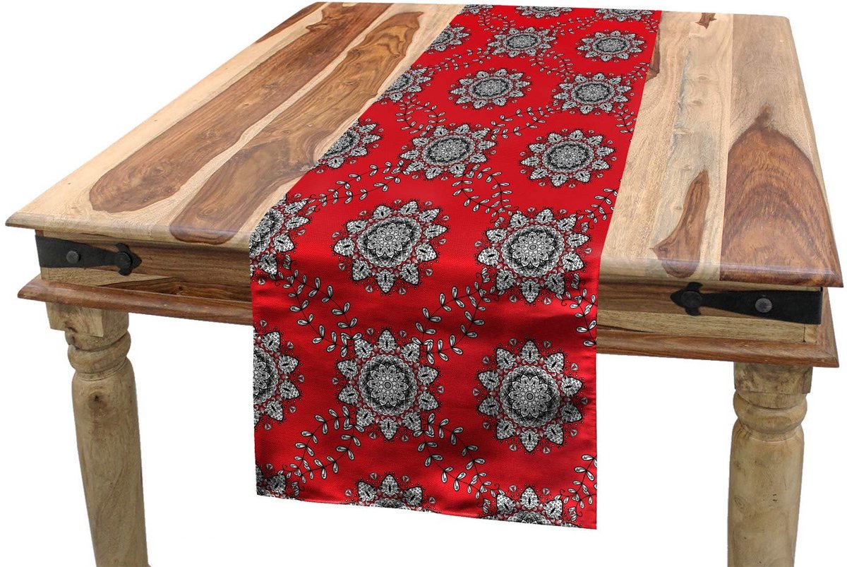 ABAKUHAUS Tafelrok – Floraal-Mesh-ontwerp – 40×225 cm – Vermiljoen Wit