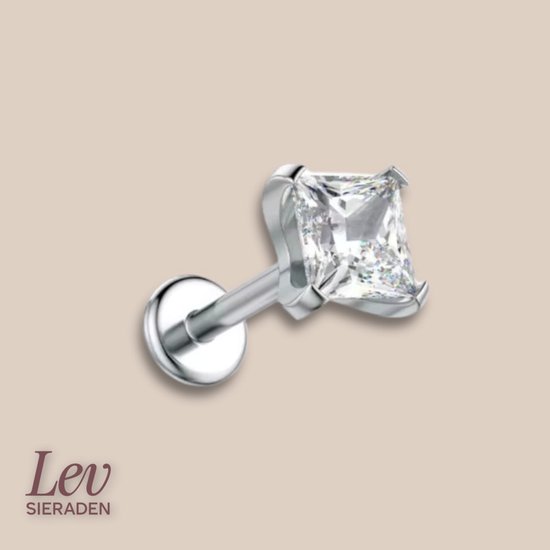 Zilverkleurige labret piercing met vierkante kristallen steen, 1.2 x 8 mm.