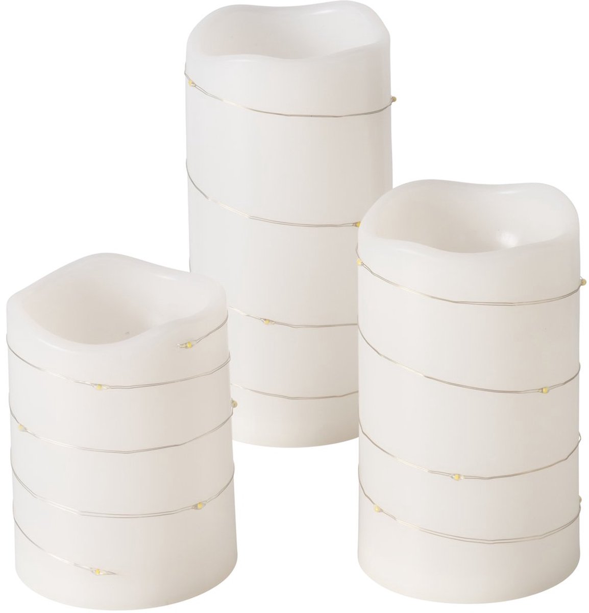 Set van 3 Led stompkaarsen wit met kleine sierlampjes