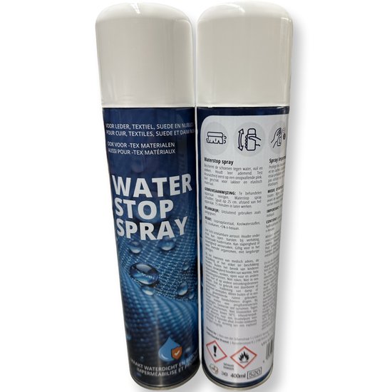 Twee spuitbussen Water Stop Spray, met op de achterkant tekst en iconen.
