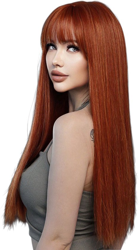 Perruque Longue Synthétique Rouge Cuivré, Frange, Lisse, Taille Moyenne + Bonnet Ajustable, Neuve Sans étiquette