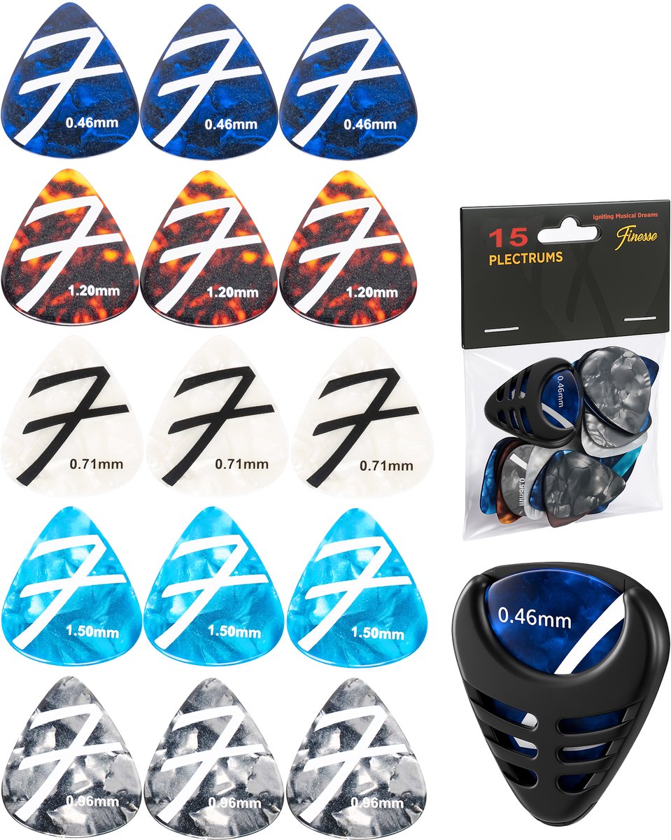 Finesse Celluloid Plectrum voor Gitaar - 15 Stuks - met Plectrum Houder - Plectrums - Guitar Pick