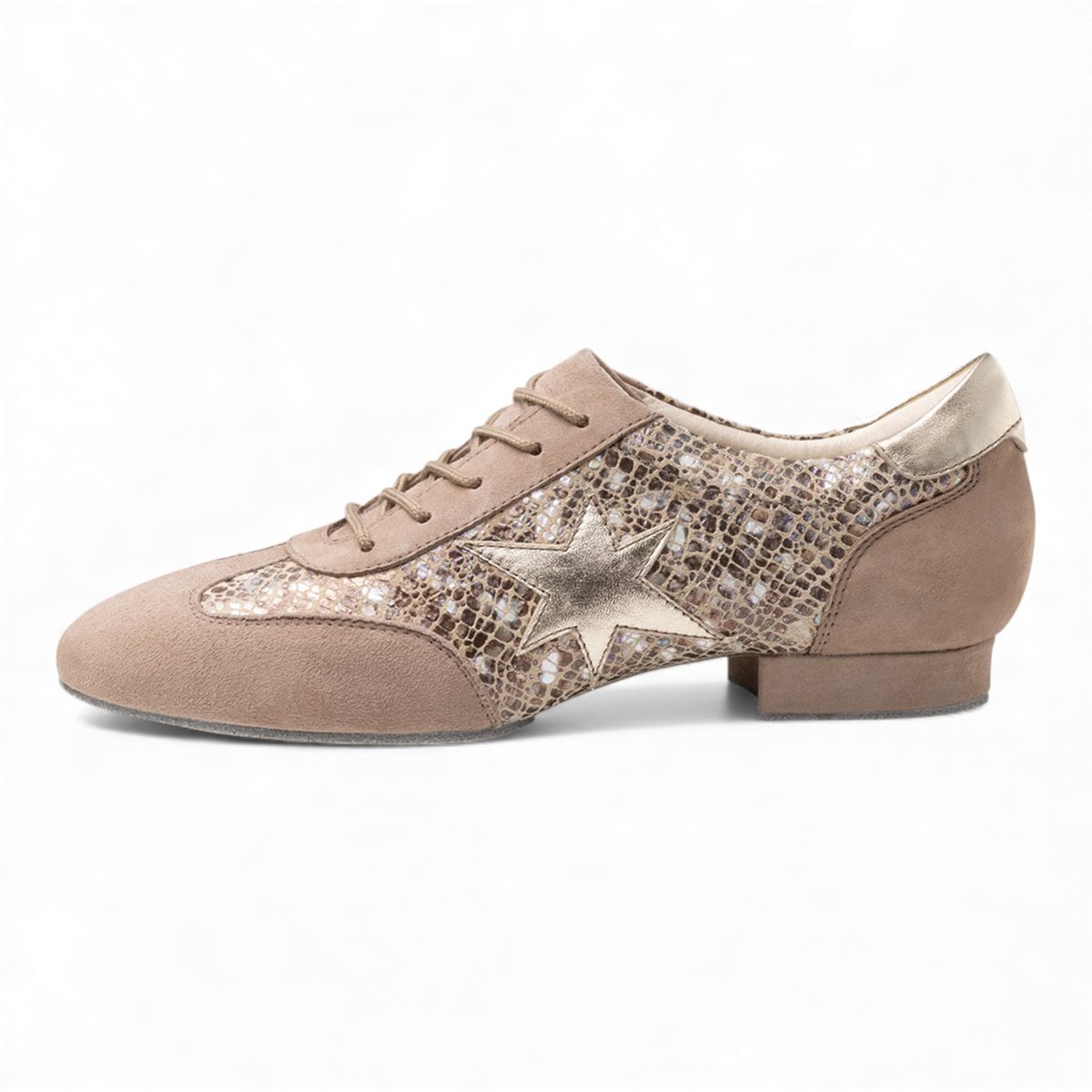 Ariana Dames Dansschoen - Beige Suède & Glanzende metallic - Platte trainingsschoen - Splitzool - Stabiele 1,5cm hak - Schokdemping - Suede zool - Teachers dansschoenen - Ballroom, Practice, Latin, Salsa - KRN20840 - Werner Kern - Beige - 36 2/3