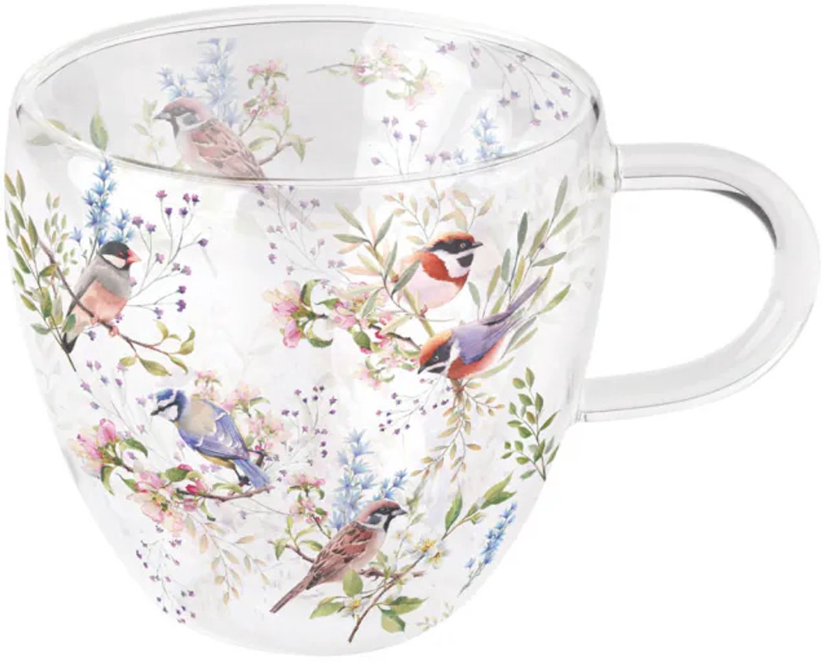 dubbelwandig theeglas-Ambiente-busy birds-vogels-breekbaar-borosilicaat-cadeau