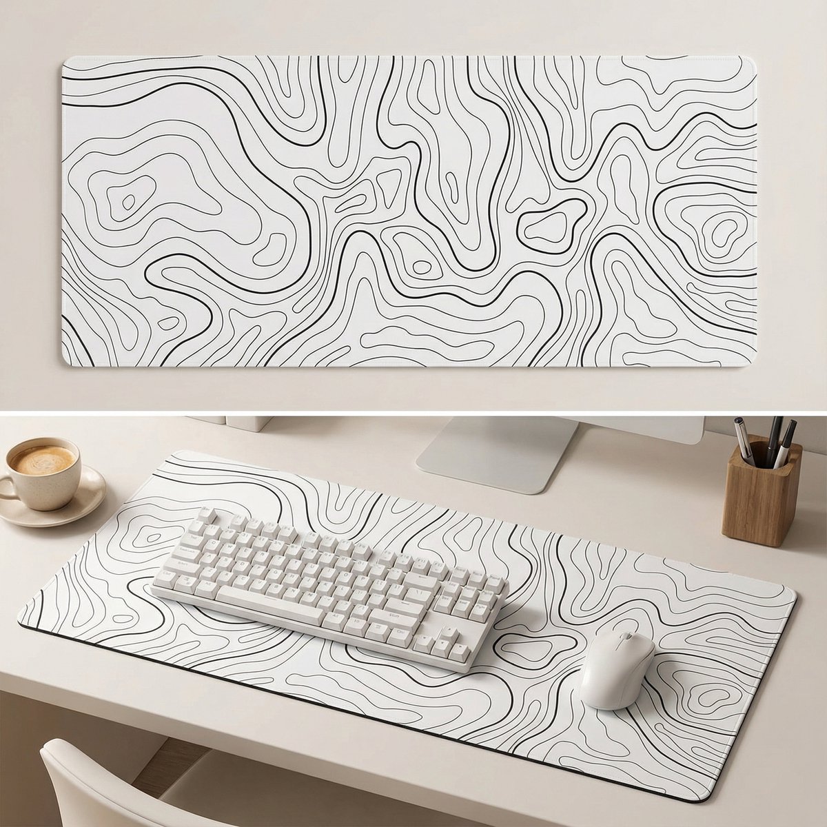 Witte XXL Muismat met Topografisch Design – 80x30 cm – Antislip – Voor Werk & Gaming