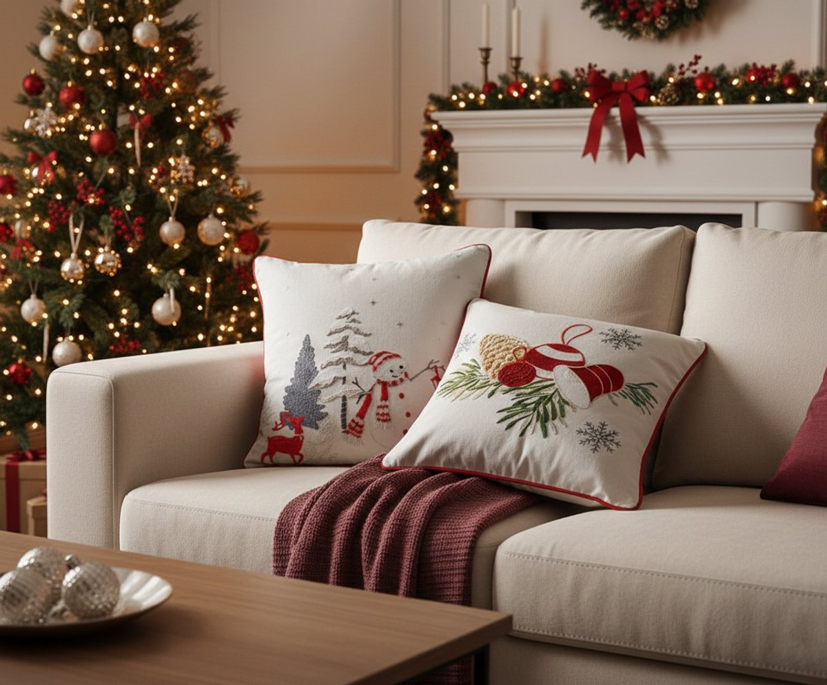 Kerstkussen Set van 2 Kussenhoezen incl. Gratis Kussenvulling - Kerst Kussenhoes - Vierkant Kussenhoesjes - Kerstkussens met Wintertafereel Borduurwerk - 45x45 cm - 100% Katoen - Voor Binnen - Wit & Rood – foto 5