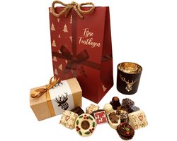 Cho-lala Kerstmis geschenkset Oh deer, happy new year, chocolade cadeau - 250 gram kerstbonbons en chocolade - windlicht rendier - cadeau tasje - 3-delig