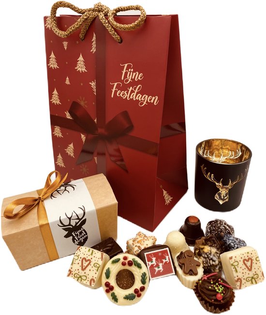 Cho-lala Kerstmis geschenkset Oh deer, happy new year, chocolade cadeau - 250 gram kerstbonbons en chocolade - windlicht rendier - cadeau tasje - 3-delig