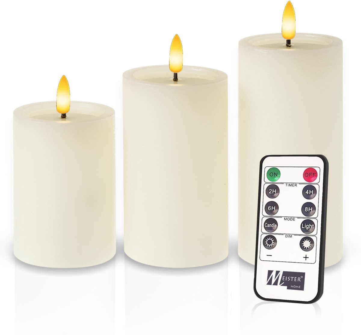 Meisterhome – 3 x Led Stompkaars - Ivoor – Stompkaars Echte wax - Led kaarsen - 10 / 12.5 / 15 cm Hoog - Met afstandsbediening – Timer 2/4/6/8 uur – Dimbaar