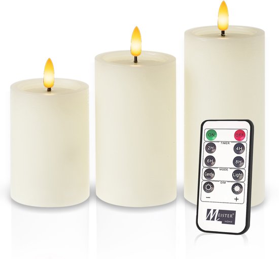 Meisterhome – 3 x Led Stompkaars - Ivoor – Stompkaars Echte wax - Led kaarsen - 10 / 12.5 / 15 cm Hoog - Met afstandsbediening – Timer 2/4/6/8 uur – Dimbaar