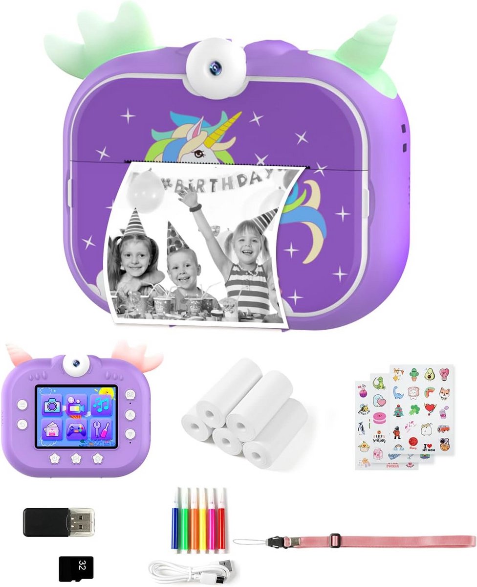 Kindercamera met 1080p en 2,4 inch scherm - Digitale camera voor kinderen met printpapier en 32 GB kaart