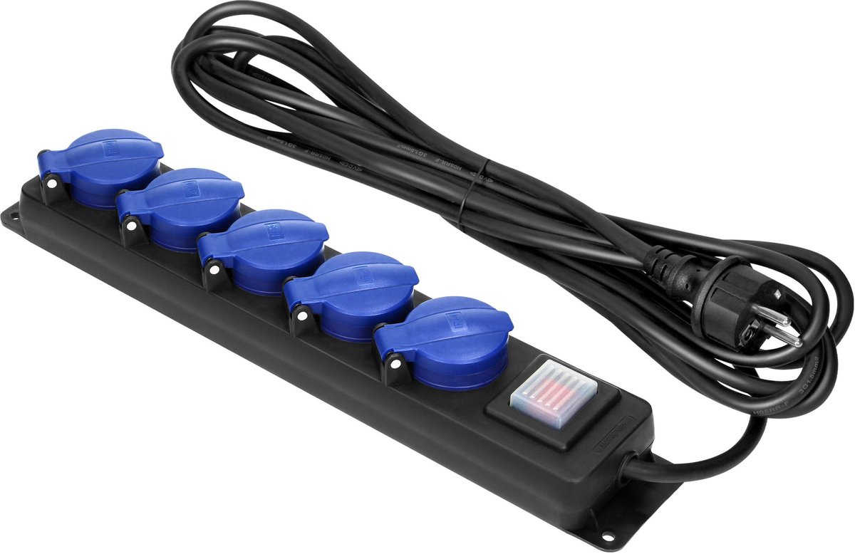 Orno Vrijstaande Stekkerdoos voor buiten - Verlengsnoer met Aan/uit knop - 5 stopcontacten - kabellengte 5 meter - IP44 - Zwart/blauw