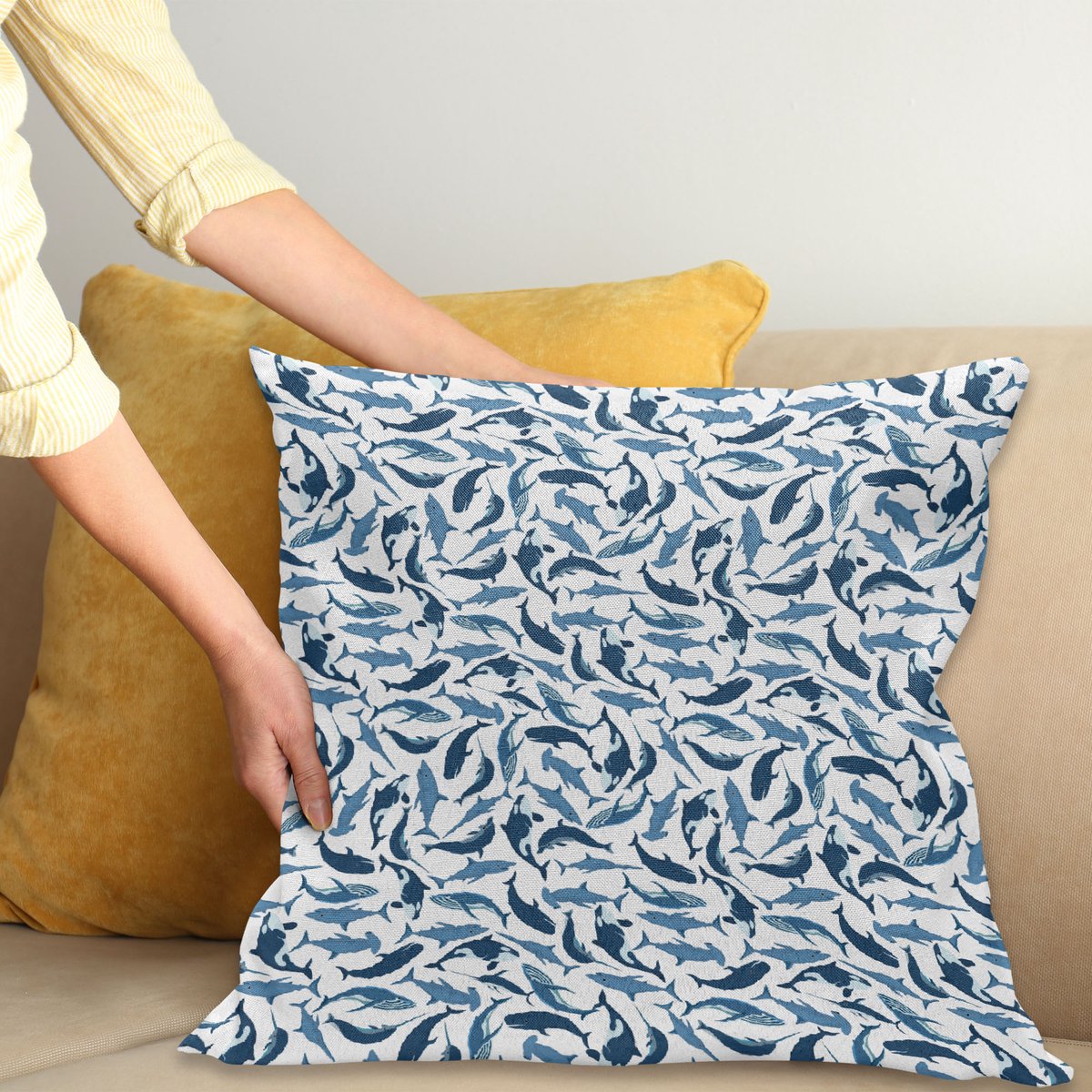 ABAKUHAUS Wale Kussenhoes – 40x40 cm – Tweezijdig bedrukt, wasbaar Wit en nachtblauw