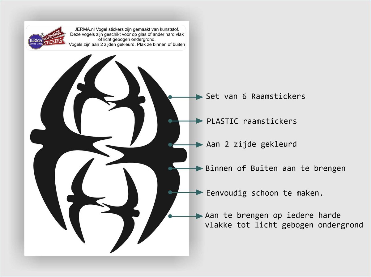 Jerma - Zwaluw Vogelbescherming - Stickers - set 6 - 4x 9x4 cm - 2x 18.5x8 cm - Zwart - Plasticfolie