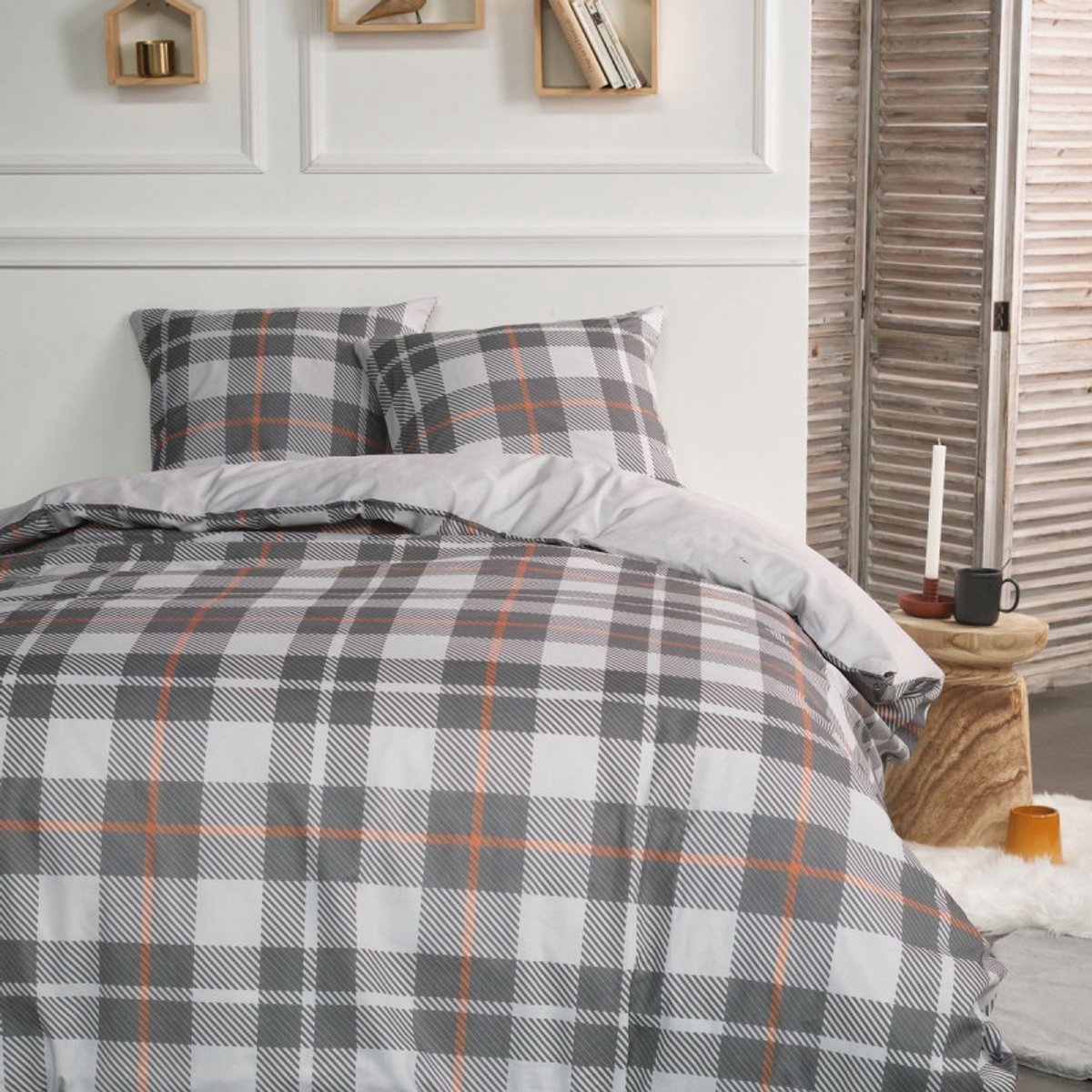 Flanel dekbedovertrek - 260x220/240 grey red