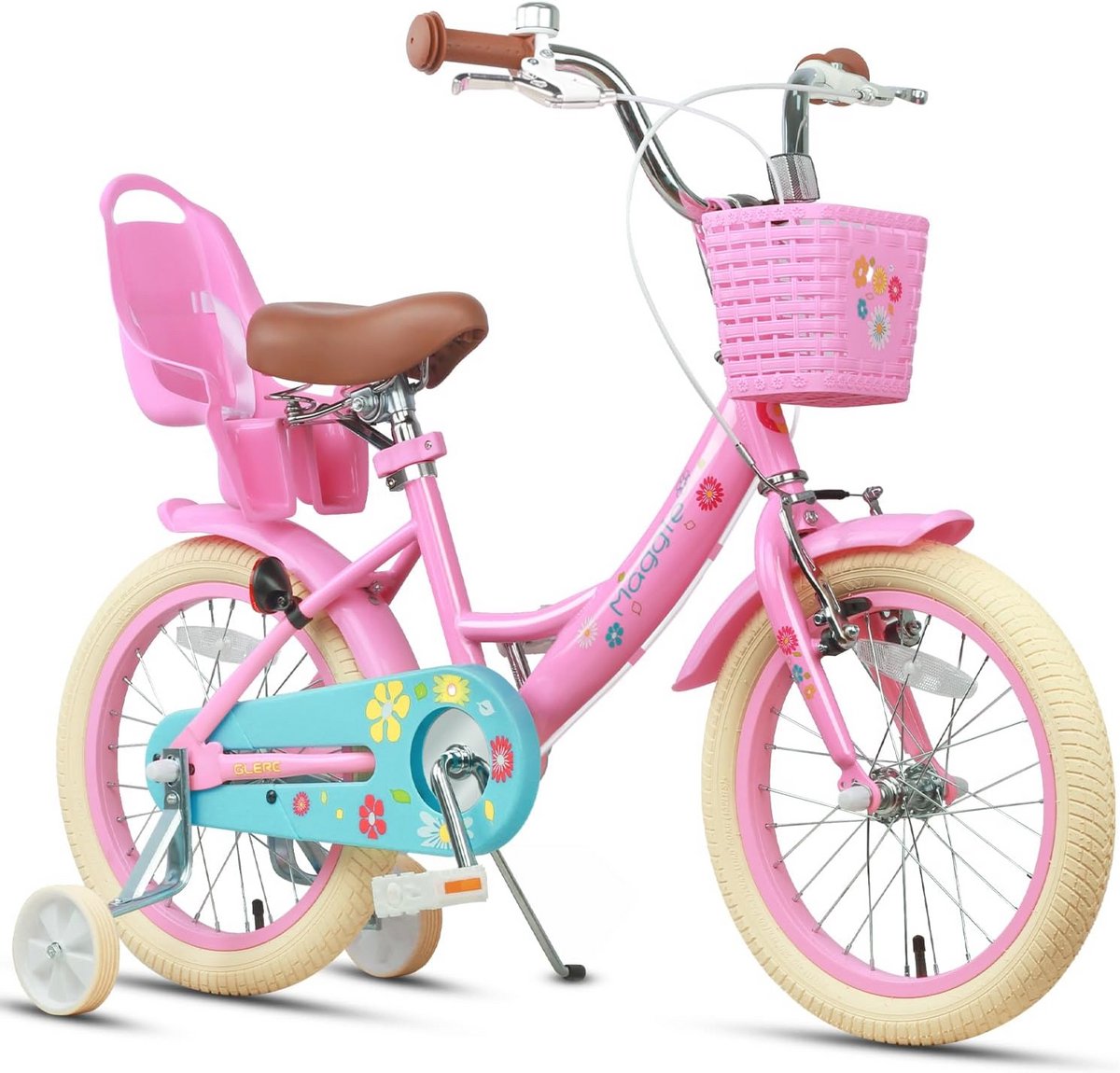 Meisjesfiets 12-20 inch met poppenzitje, mand en trainingswielen - voor kinderen van 2-13 jaar