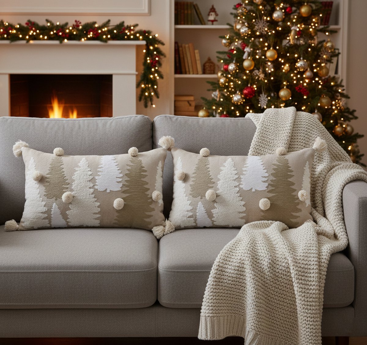 Kerstkussen Set van 2 Kussenhoezen Geborduurd met Bomen en Kwastjes - Rechthoekige Kussenhoesjes voor Kerst - Kerstkussens Set van 2 Rustiek Design - 30x50 cm - Katoen Kussenhoes - Veelkleurig - Zonder Binnenkussen