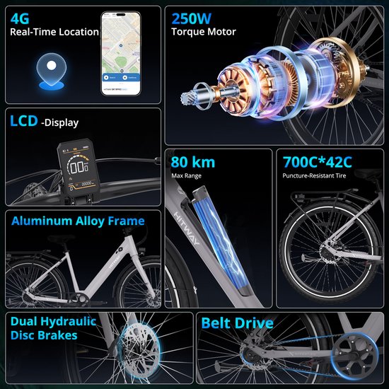 Hitway Elektrische Fiets BK18 Pro - Trendy 28 Inch City Commuter EBike met Afneembare 36V 10.4Ah Lithium Batterij - Mountain E-Bike met 250W Motor - APP Bediening - IP54 Waterdicht van Hitway — afbeelding 2