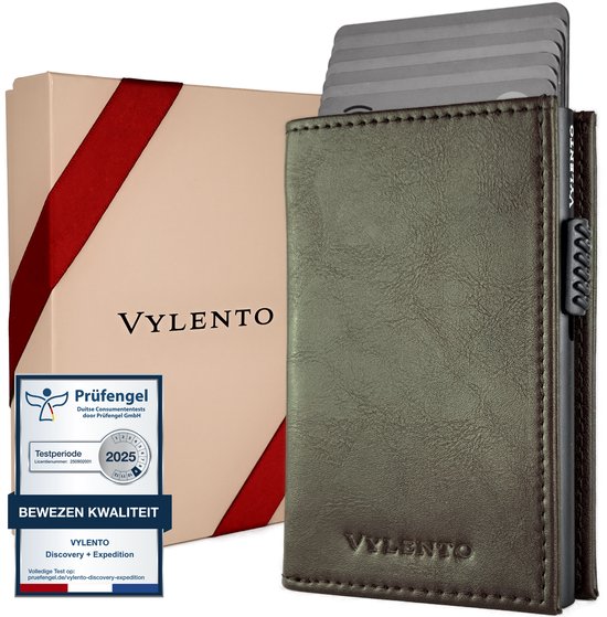 Vylento - Porte-cartes extensible - Porte-cartes RFID homme et femme - 10 cartes - Poche à monnaie zippée et poche à billets - Vert olive