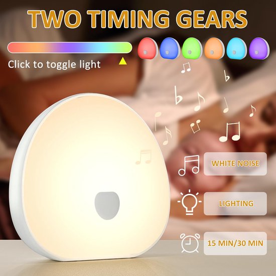 Draagbare witte ruismachine, 7-kleurig babynachtlampje, rustgevende muziek, timer, oplaadbare batterij, USB-C-poort, witte ruismachine voor volwassenen en baby's van Dreamegg — afbeelding 5