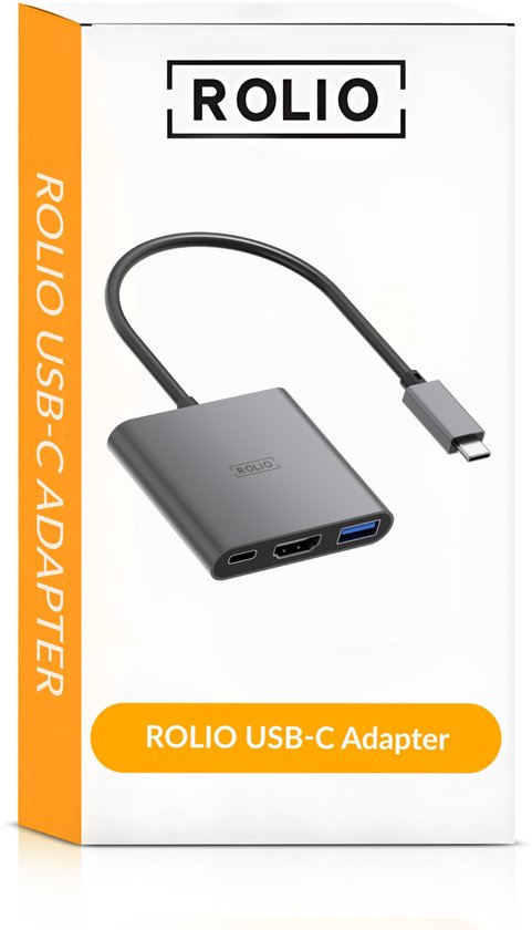 ROLIO USB-C Adapter: grijze adapter met HDMI, USB 3.0 en USB-C poorten.