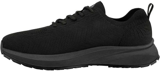 Zwarte gebreide sneaker met vetersluiting, neutrale zijkant.