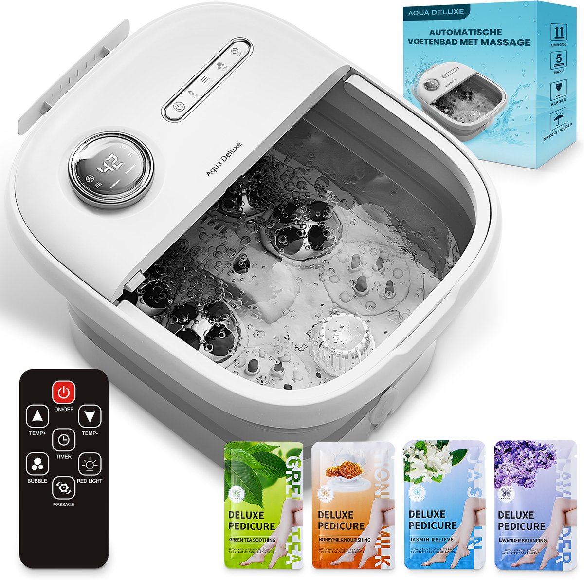 Aqua Deluxe® - Automatische Voetenbad Massage - Incl. 4x Badzout - Voetmassage Apparaat - Voetenbaden Met Massage - Inklapbaar - Verwarming tot 48°C
