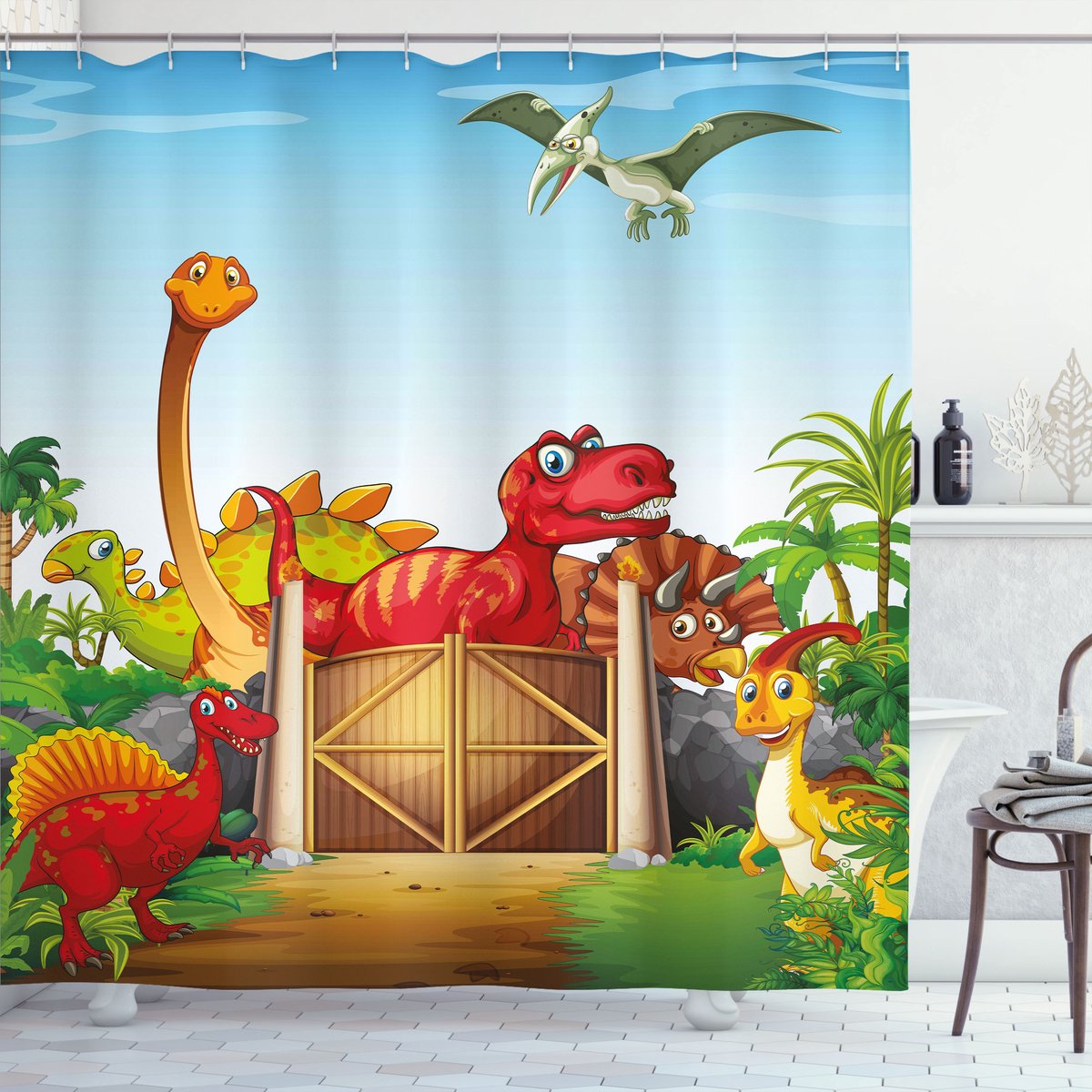 ABAKUHAUS Dino Douchegordijn, Cartoon-Dinosaurus in Park, Stoffen Badkamerdecoratieset met Haken, 175 x 180 cm, Blauw Oranje Groen