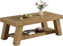 Houten salontafel met een 2-laags open opbergruimte, met boeken en mandje onderop.