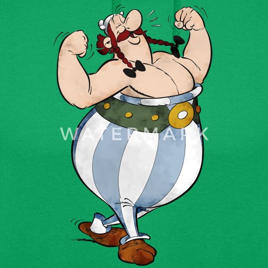 Close-up van Asterix met rode vlechten, spieren gebald, gestreept broekje, watermerk.