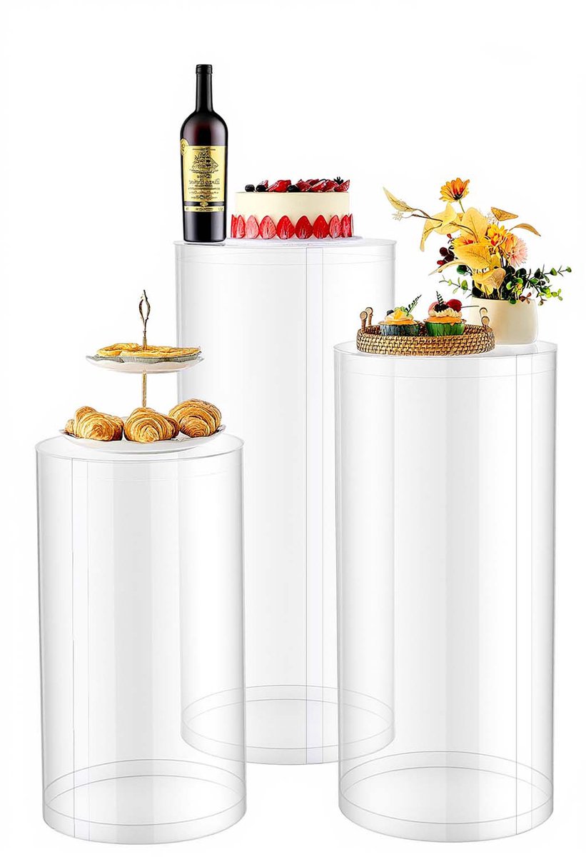 Set Van 3 Ronde Cilindrische Podium Stands, 60/75/90 cm, Transparante Acryl Display Met Transparant Deksel, Ideaal voor Bruiloften, Feesten, Verjaardagen en Decoratieve Kunst