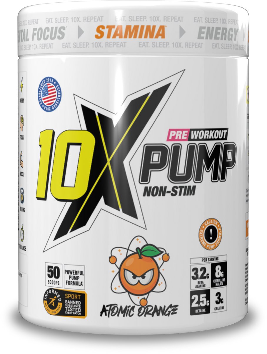 10X - Athletic - PUMP - Stim free - No Caffeine PWO - Atomic Orange - Sinaasappel