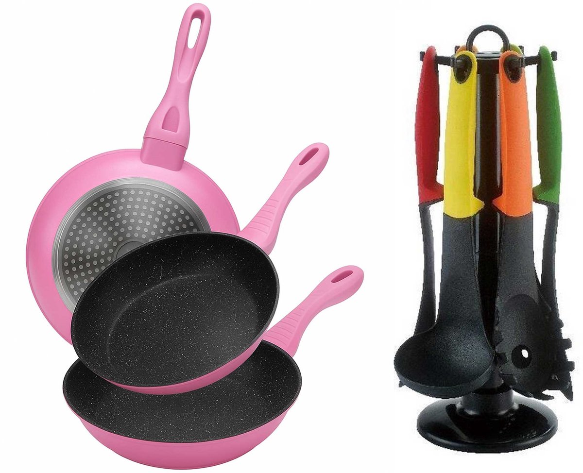 Cheffinger Koekenpannen - Set van 3 - Incl. Keukengerei Set - 7-delig - Roze