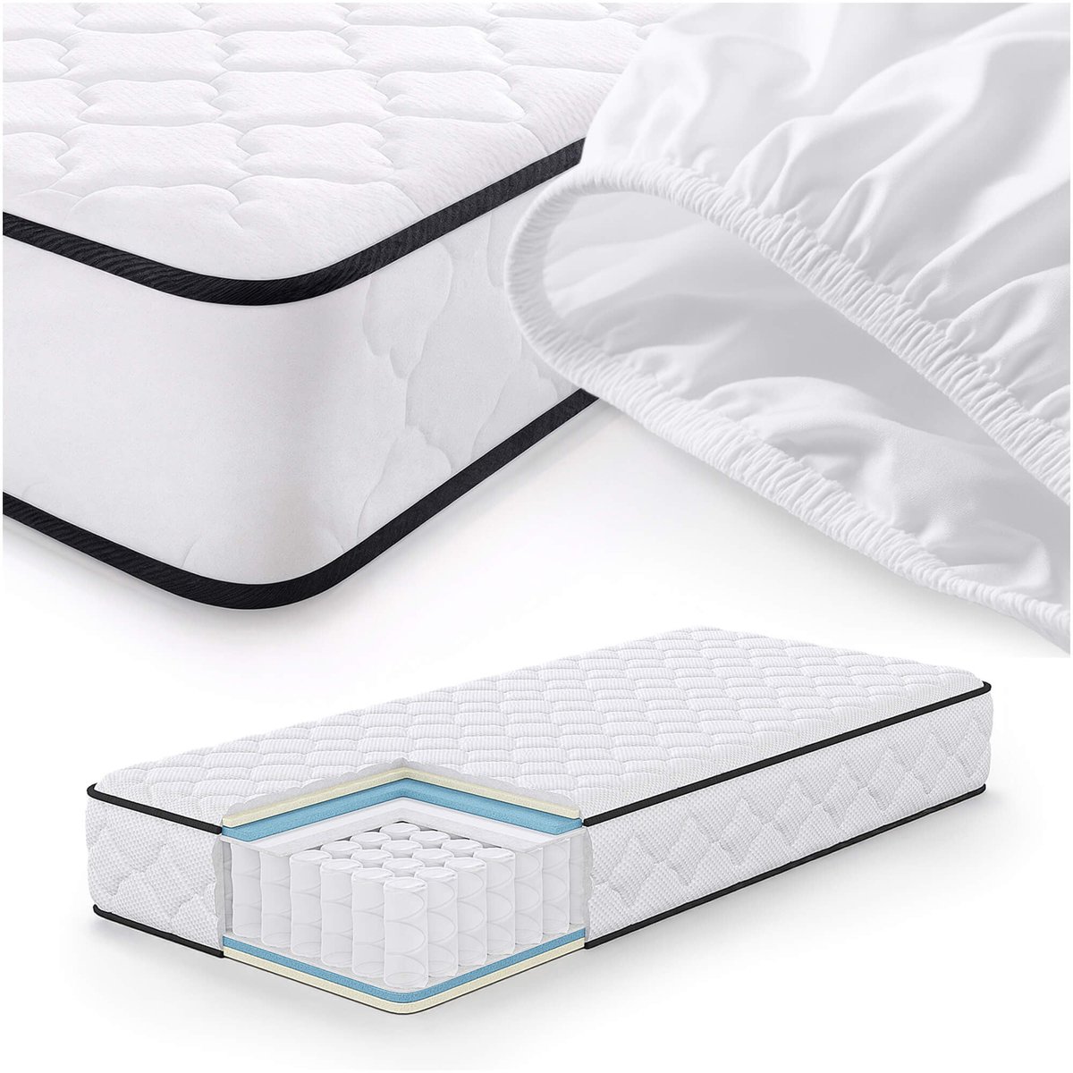 Akord Springs Matras met Beschermer 90x200 cm / Spring Pocketveringmatras / Binnenveringsmatras / Pocketvering met 7 Comfortzones / Afneembare waterdichte tijk / H3 Hardheid Wit