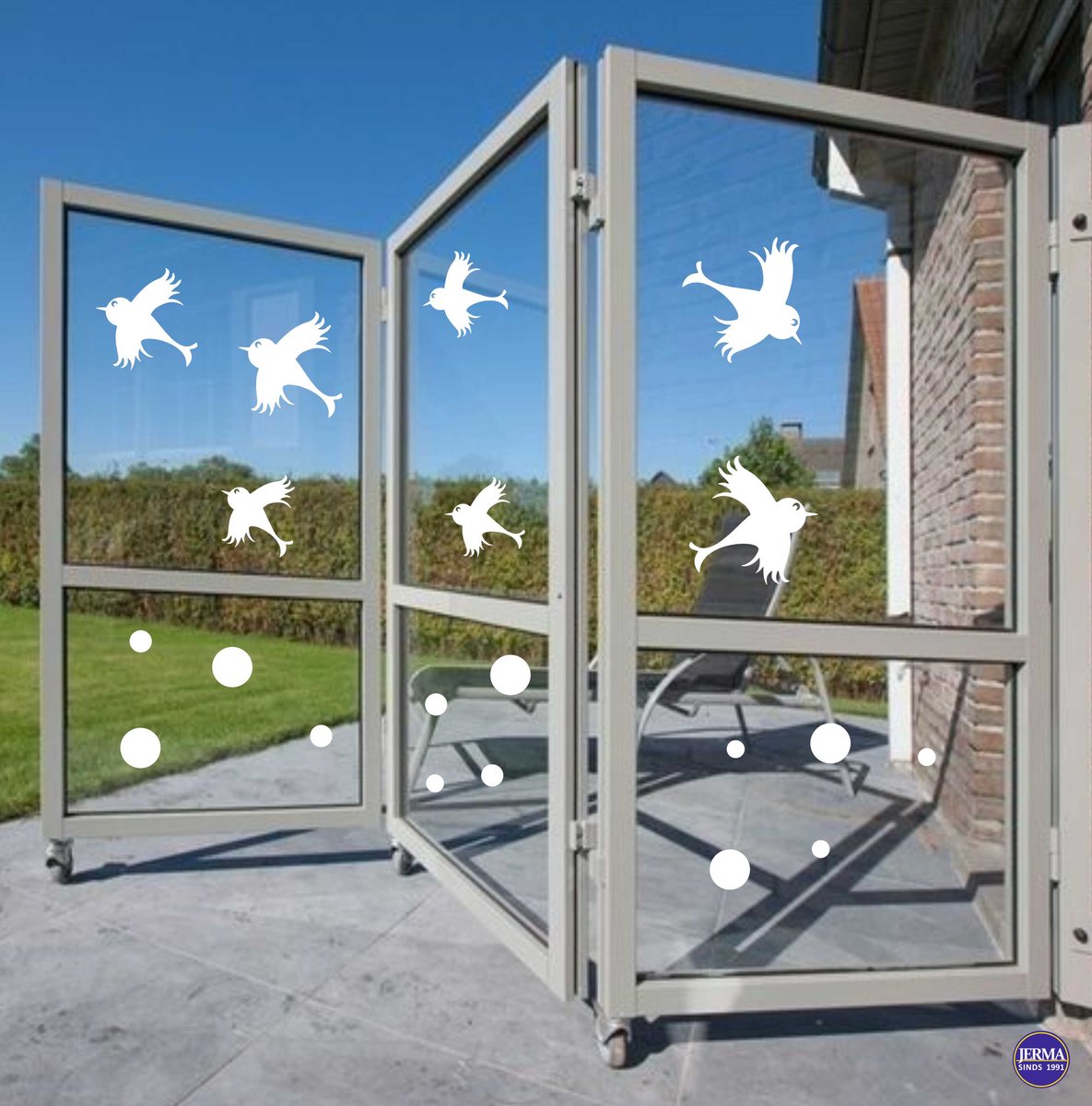 Jerma - 7 Vogels en 10 stippen - Wit- Raam - Stickers - Zelfklevend - Plasticfolie - div. maten