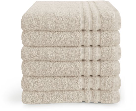 Stapel van vijf beige handdoeken met een zachte textuur en subtiele ribbels aan de rand.