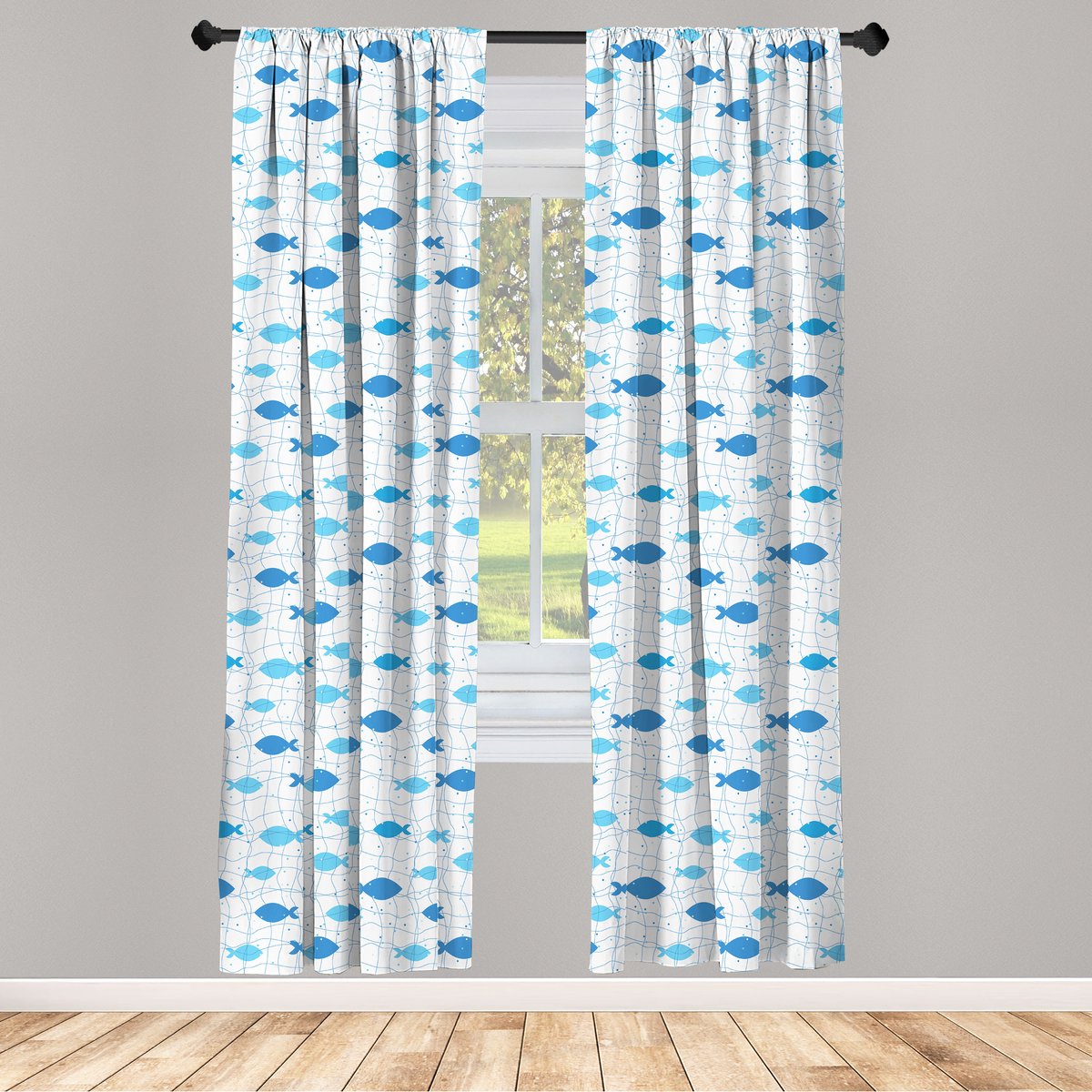 ABAKUHAUS Vis – Raamgordijnpanelen – Geometrisch Net – 2x75×225 cm – Blauw/Wit